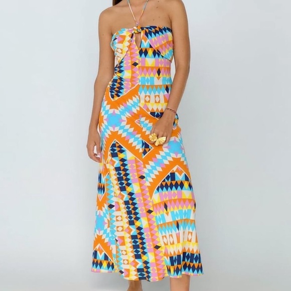 Zara Multicolor Printed Geometric Halter Neck Midi Dress NWOT - Picture 1 of 8